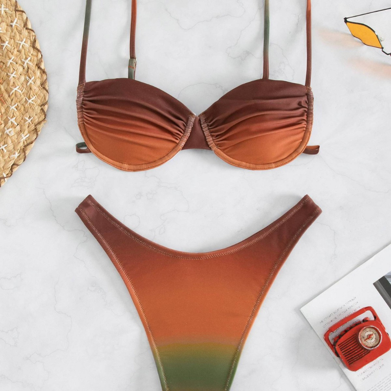 Ženski dvodijelni bikini kupaći kostim s otvorenim leđima, ulošci za grudi, otisak cvjetnog gradijenta, najlon 82%, podstava 18%, pogodno za vodene sportove