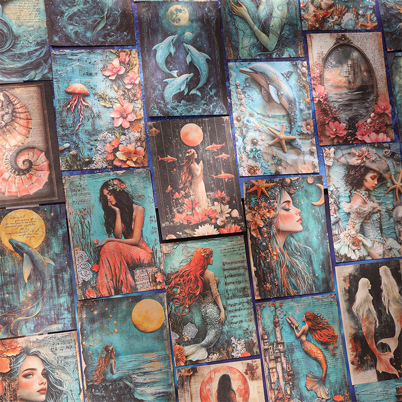 Hârtie pentru jurnal cu sirene – fundal retro de colaj subacvatic, Good day 7089, formă: cărămizi de hârtie, autorizare IP: Nu