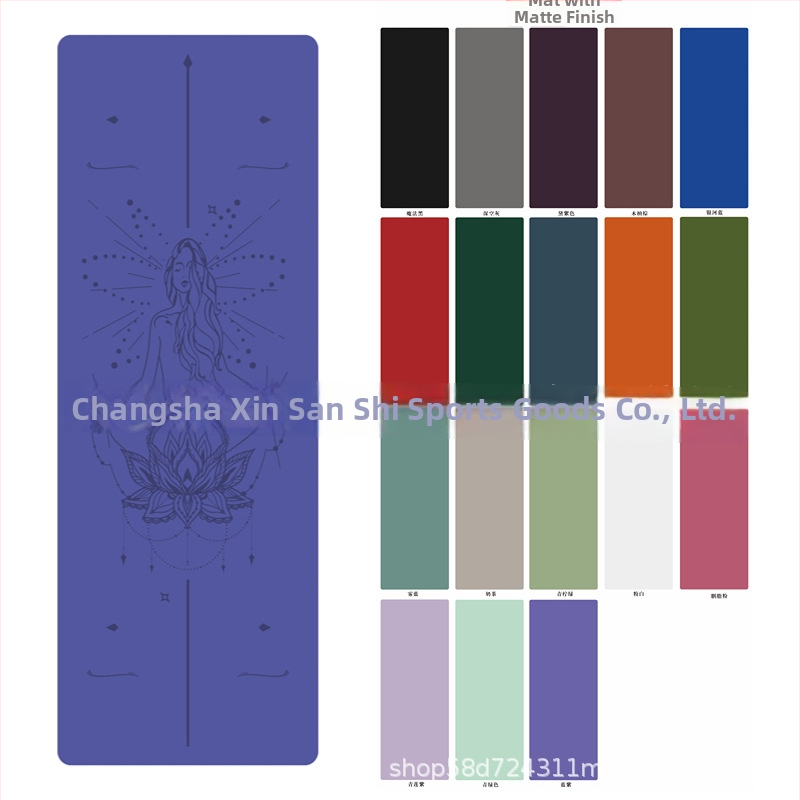 Μάτ γιόγκα με ματ επιφάνεια και PU φυσικό καουτσούκ; αντιολισθητικό, ανθεκτικό στη φθορά και στη βρωμιά; πάχος 4–5 mm; βάρος 2700 g; σχέδιο γραμμών Ασάνα.