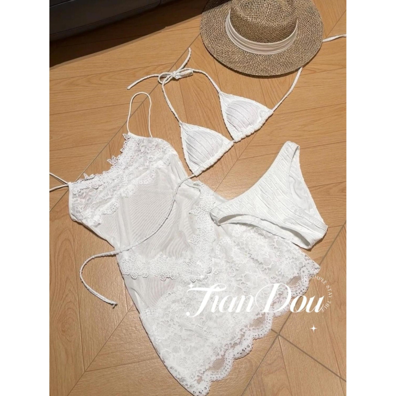 Set de baie pentru femei, trei piese, cu dantelă, top bikini cu burete, fără armături metalice, material poliester, model solid, potrivit pentru înot și sporturi acvatice, stil european-american