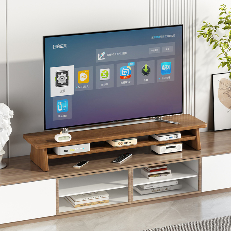 Suport TV de birou cu ecran ridicat, lemn/bambus, stil modern minimalist, fără găurire