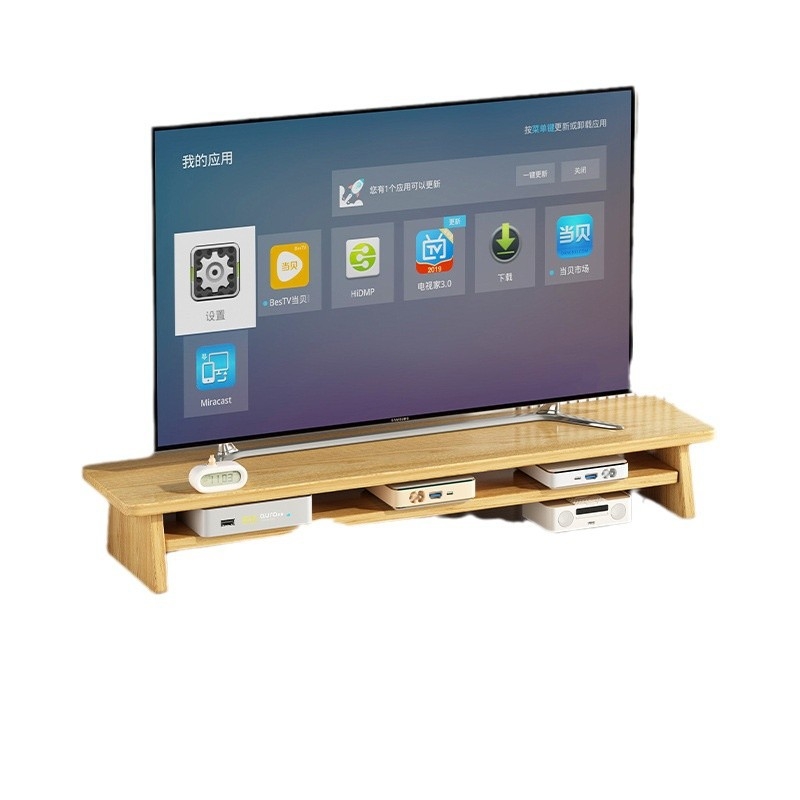 Suport TV de birou cu ecran ridicat, lemn/bambus, stil modern minimalist, fără găurire