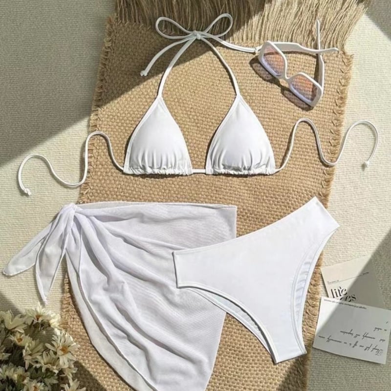 Trojdijelni bikini set s podignutim gornjim dijelom, najlon tkanina s vlaknima vinilona