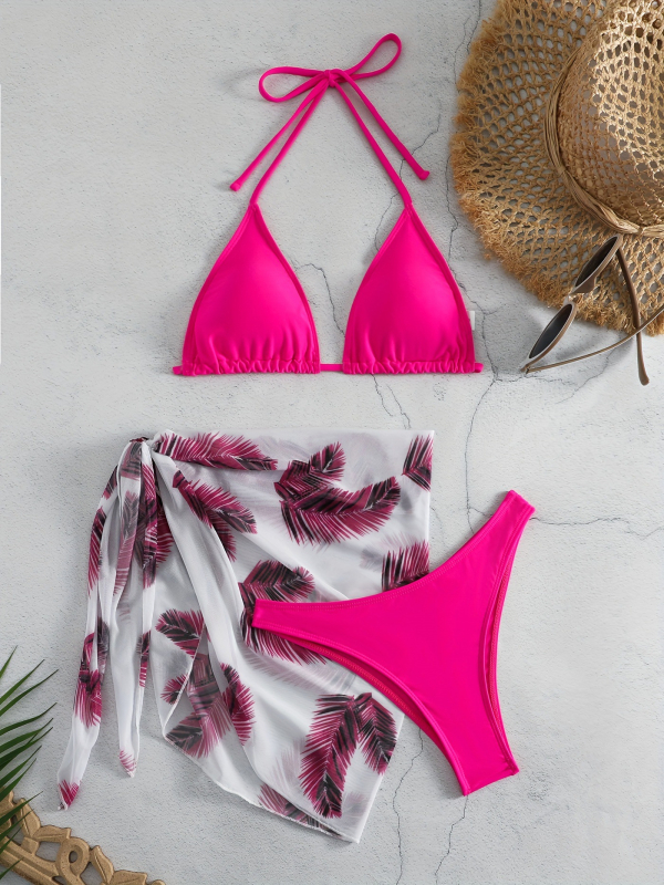 Set de baie din trei piese cu imprimeu și fustă din voal; bureți în cupă; material poliester; căptușeală poliester cu 18% elastan; potrivit pentru înot