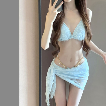 Дамски трисъставен бански костюм за плуване, едноцветен модел, подплатено горнище, полиестер