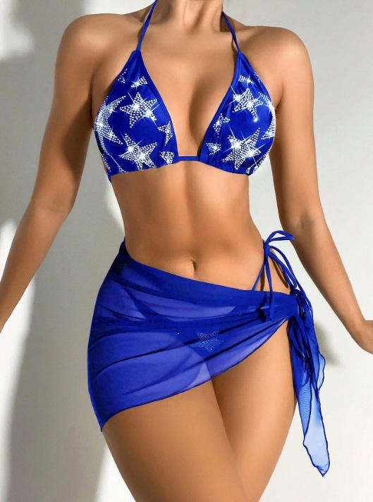 Trodjelni bikini set s rhinestones i tilom suknjom, punjeni vrh, visoka elastičnost, tkanina poliester-elastan, podstava poliester