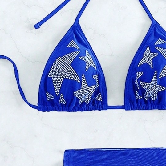 Trodjelni bikini set s rhinestones i tilom suknjom, punjeni vrh, visoka elastičnost, tkanina poliester-elastan, podstava poliester