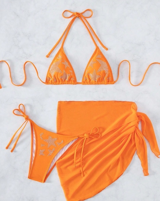 Trodjelni bikini set s rhinestones i tilom suknjom, punjeni vrh, visoka elastičnost, tkanina poliester-elastan, podstava poliester