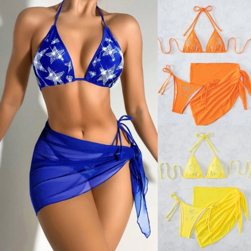 Trodjelni bikini set s rhinestones i tilom suknjom, punjeni vrh, visoka elastičnost, tkanina poliester-elastan, podstava poliester
