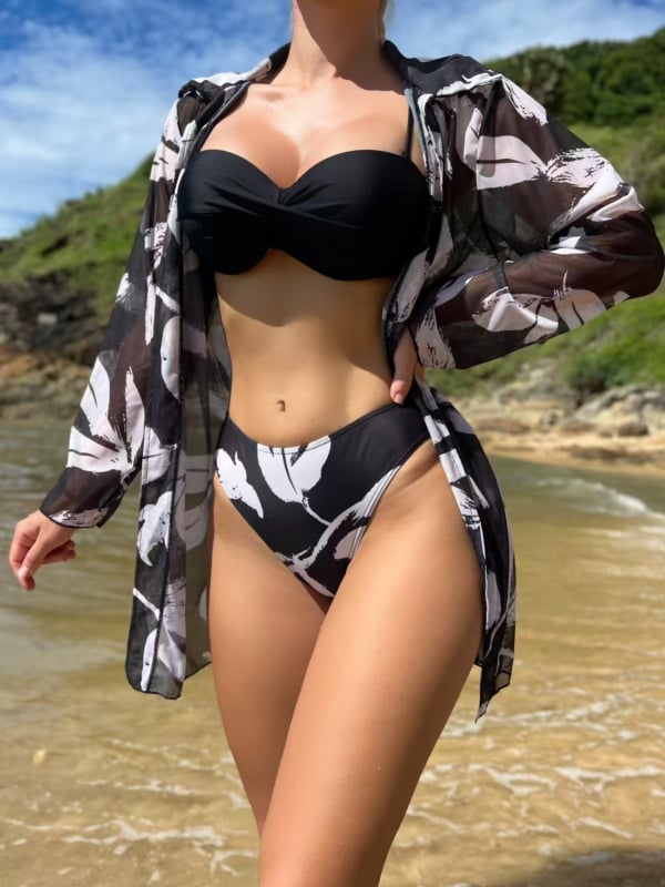 Ženski trodijelni bikini set s tiskom, visoka elastičnost materijala, s jastučićima za prsima, 82% poliester, 280 g