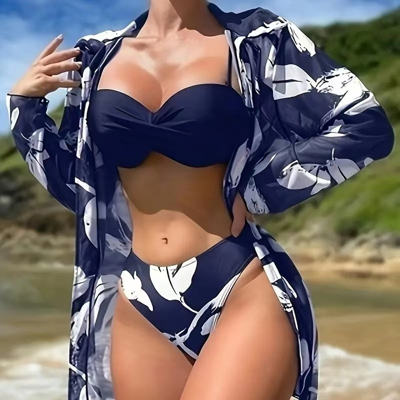 Ženski trodijelni bikini set s tiskom, visoka elastičnost materijala, s jastučićima za prsima, 82% poliester, 280 g