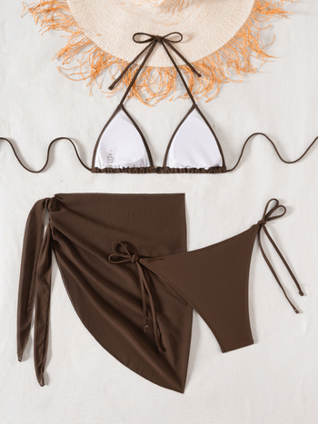 Trodijelni bikini set s vezanjem, ukrasnim perlama, umetkom za grudi, visoka elastičnost materijala od najlona i elastana