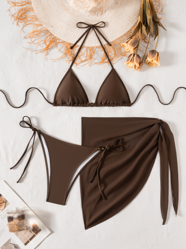 Trodijelni bikini set s vezanjem, ukrasnim perlama, umetkom za grudi, visoka elastičnost materijala od najlona i elastana