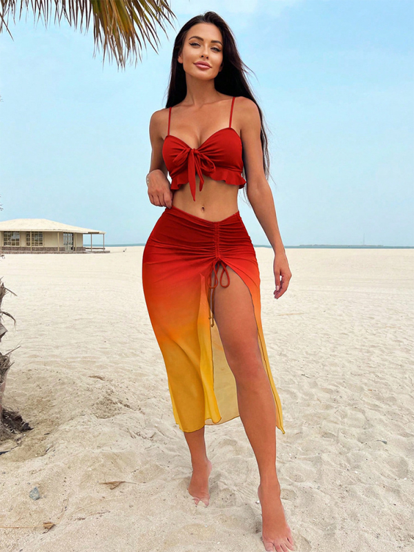 Trojjedni bikini set s mrežastom suknjom, konzervativni sportski dizajn, brzo sušeći materijal, visoka elastičnost, podstava od poliestera, podrijetlo Xingcheng