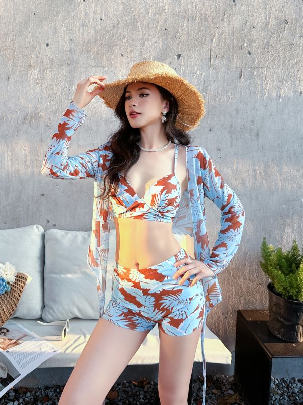 Ženski bikini set tri ili četiri dijela s cover-upom, seksi dizajn, s čvrstim potporama i umetkom, poliester tkanina s podstavom od spandexa, dugi rukavi