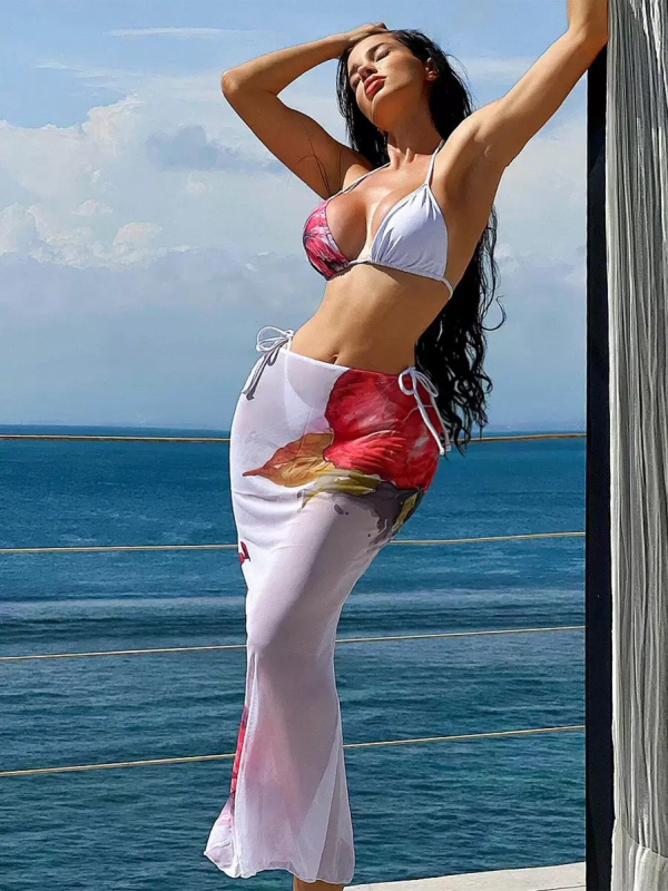 2025 Trodjelni bikini set s mrežastom dugom suknjom i cvjetnim printom za plažu