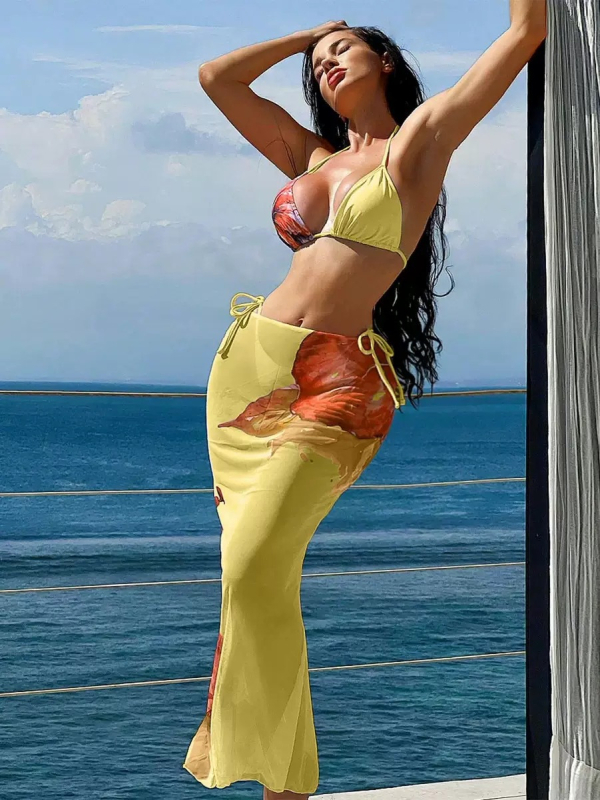 2025 Trodjelni bikini set s mrežastom dugom suknjom i cvjetnim printom za plažu