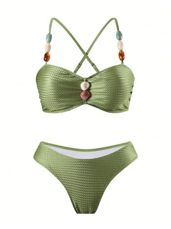 Ženski bikini set s perlama – tri dijela, sexy otvoren leđa, s umetnim ulošcima za grudnjak, poliester/spandeks 82%/18%, težina 250 g
