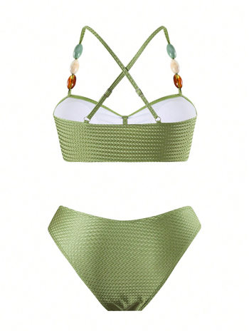 Ženski bikini set s perlama – tri dijela, sexy otvoren leđa, s umetnim ulošcima za grudnjak, poliester/spandeks 82%/18%, težina 250 g