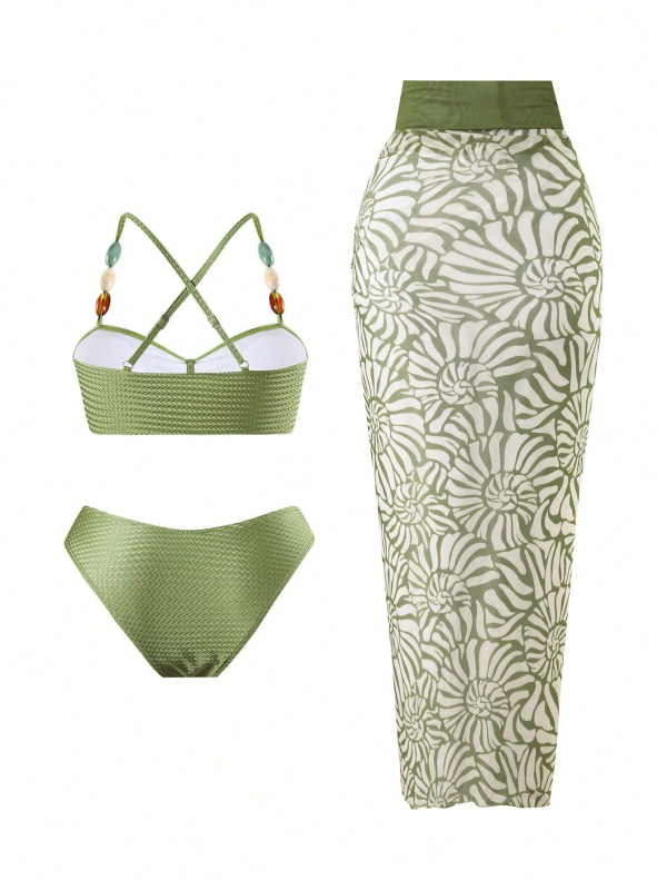 Ženski bikini set s perlama – tri dijela, sexy otvoren leđa, s umetnim ulošcima za grudnjak, poliester/spandeks 82%/18%, težina 250 g