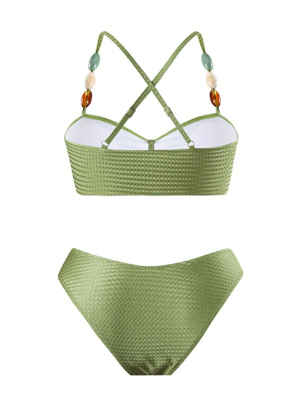Ženski bikini set s perlama – tri dijela, sexy otvoren leđa, s umetnim ulošcima za grudnjak, poliester/spandeks 82%/18%, težina 250 g