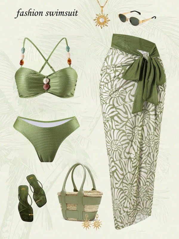 Ženski bikini set s perlama – tri dijela, sexy otvoren leđa, s umetnim ulošcima za grudnjak, poliester/spandeks 82%/18%, težina 250 g