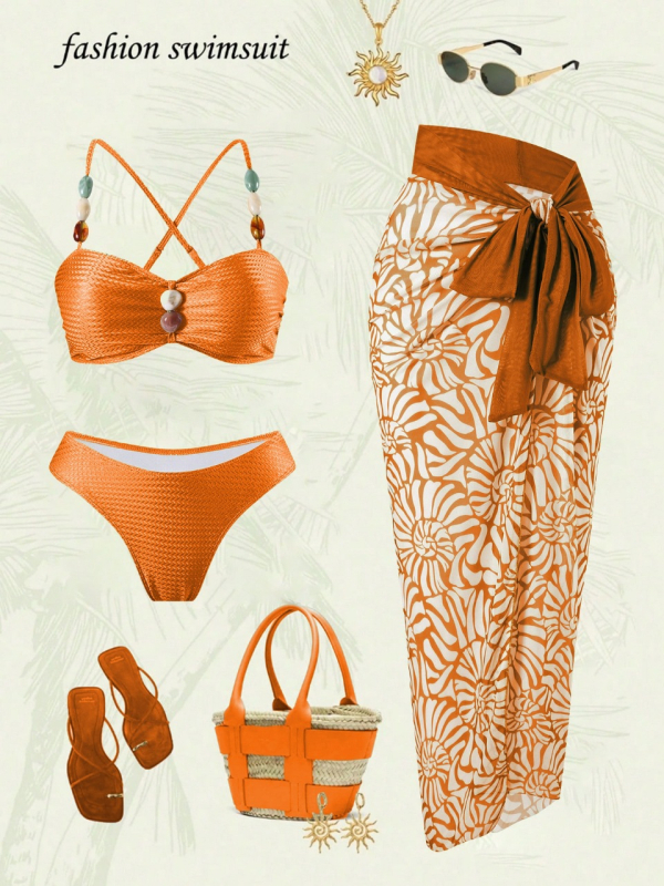 Ženski bikini set s perlama – tri dijela, sexy otvoren leđa, s umetnim ulošcima za grudnjak, poliester/spandeks 82%/18%, težina 250 g