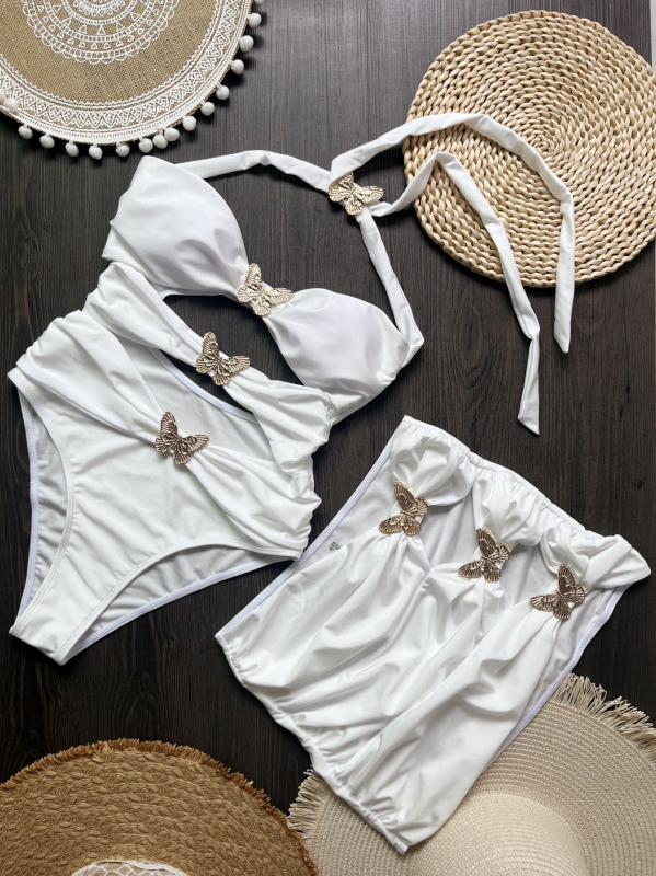 Trodijelni bikini set s trakicama i metalnim detaljima leptira; kupaći s jastučićima u košaricama i bez žice; od najlona
