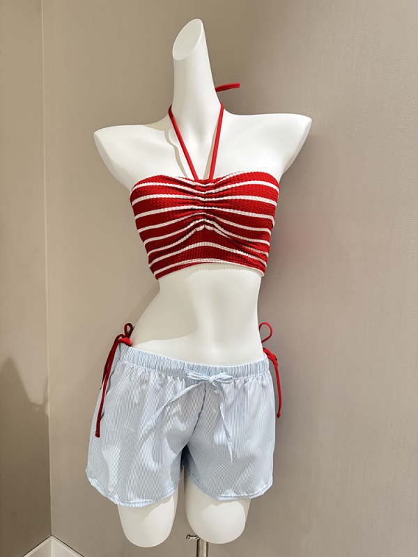 Trodijelni bikini set s prugama za žene — jastučić za grudnjak, bez metalne potpore, izdržljiva najlon tkanina s poliesterom podstavom, 200 g