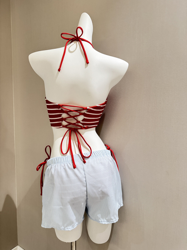 Trodijelni bikini set s prugama za žene — jastučić za grudnjak, bez metalne potpore, izdržljiva najlon tkanina s poliesterom podstavom, 200 g