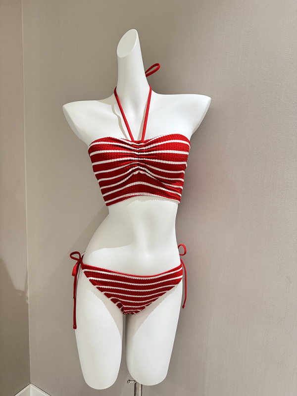 Trodijelni bikini set s prugama za žene — jastučić za grudnjak, bez metalne potpore, izdržljiva najlon tkanina s poliesterom podstavom, 200 g