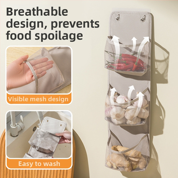 Kuchynská sieťová zásobárna na stenu, skladacia bez vŕtania, Oxford látka, 2–3 vrstvy, nosnosť do 1–1,5 kg, pratiteľná