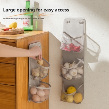 Kuchynská sieťová zásobárna na stenu, skladacia bez vŕtania, Oxford látka, 2–3 vrstvy, nosnosť do 1–1,5 kg, pratiteľná