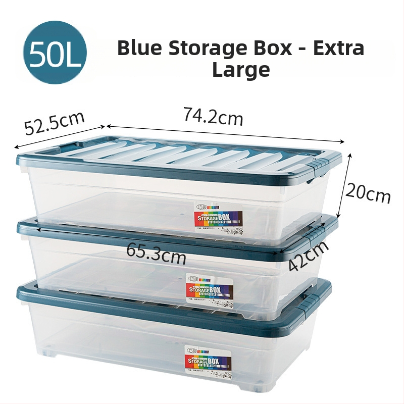 Priehľadný plastový úložný box pod posteľou, 50 L, s viečkom a kolieskami, skladací