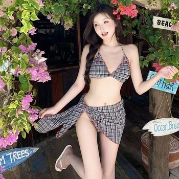 Бански костюм от три части с ретро каре и бродирана панделка, подплънки за бюст, без гръб, висока еластичност