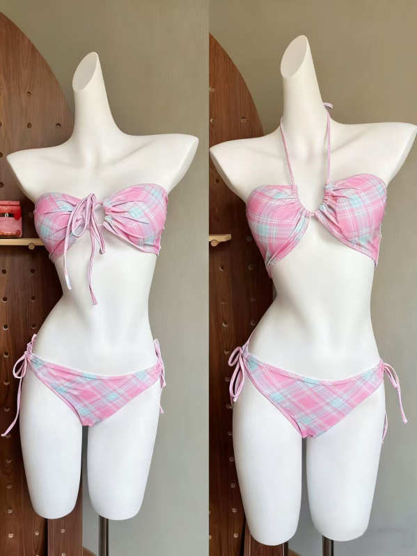 Trojdjelni bikini set za odmor s prugama i kariranim retro printom, visok struk, jastučići za prsa, poliester, brzo sušenje