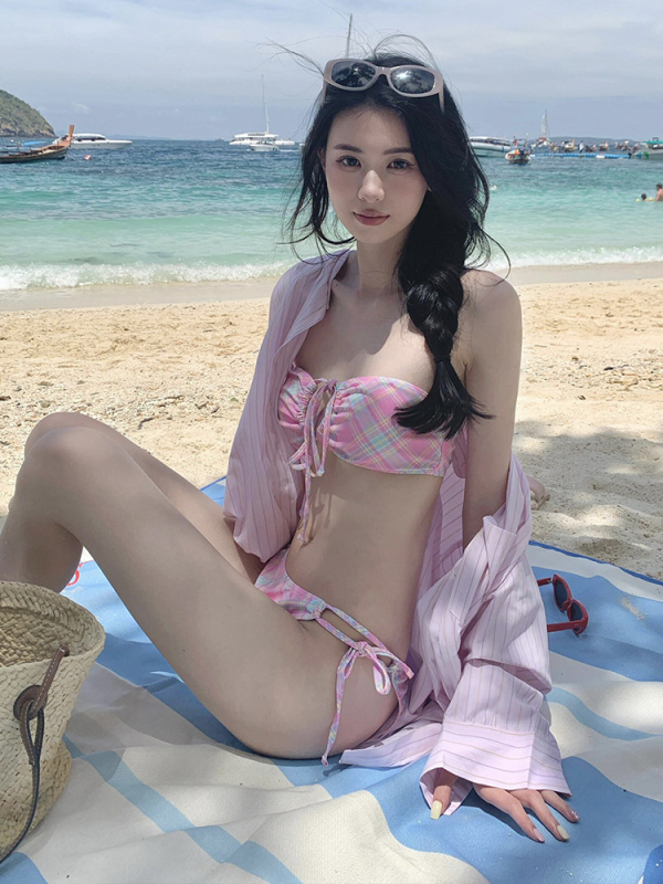 Trojdjelni bikini set za odmor s prugama i kariranim retro printom, visok struk, jastučići za prsa, poliester, brzo sušenje