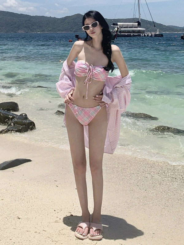 Trojdjelni bikini set za odmor s prugama i kariranim retro printom, visok struk, jastučići za prsa, poliester, brzo sušenje