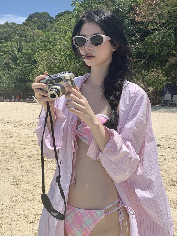 Trojdjelni bikini set za odmor s prugama i kariranim retro printom, visok struk, jastučići za prsa, poliester, brzo sušenje