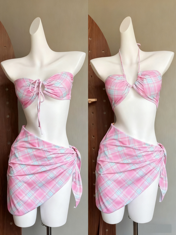 Trojdjelni bikini set za odmor s prugama i kariranim retro printom, visok struk, jastučići za prsa, poliester, brzo sušenje