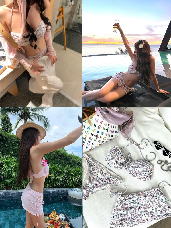Trodijelni kupaći kostim s printsom, Milk Silk tkanina, 95% poliester + 5% spandex podstava, bez punila, bez žice