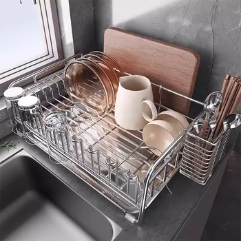 Ράφι πιάτων από ανοξείδωτο χάλυβα 304 με ενσωματωμένο κάδο αποστράγγισης, πολυλειτουργικός οργανωτής κουζίνας για μπολ και πιάτα (χωρίς εγκατάσταση)