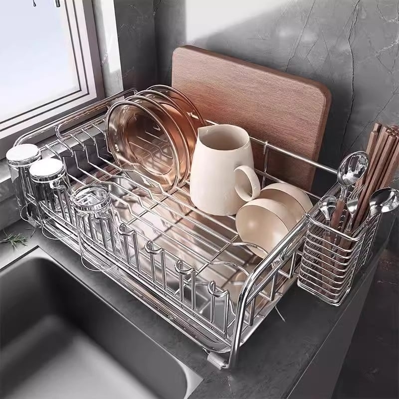 Ράφι πιάτων από ανοξείδωτο χάλυβα 304 με ενσωματωμένο κάδο αποστράγγισης, πολυλειτουργικός οργανωτής κουζίνας για μπολ και πιάτα (χωρίς εγκατάσταση)