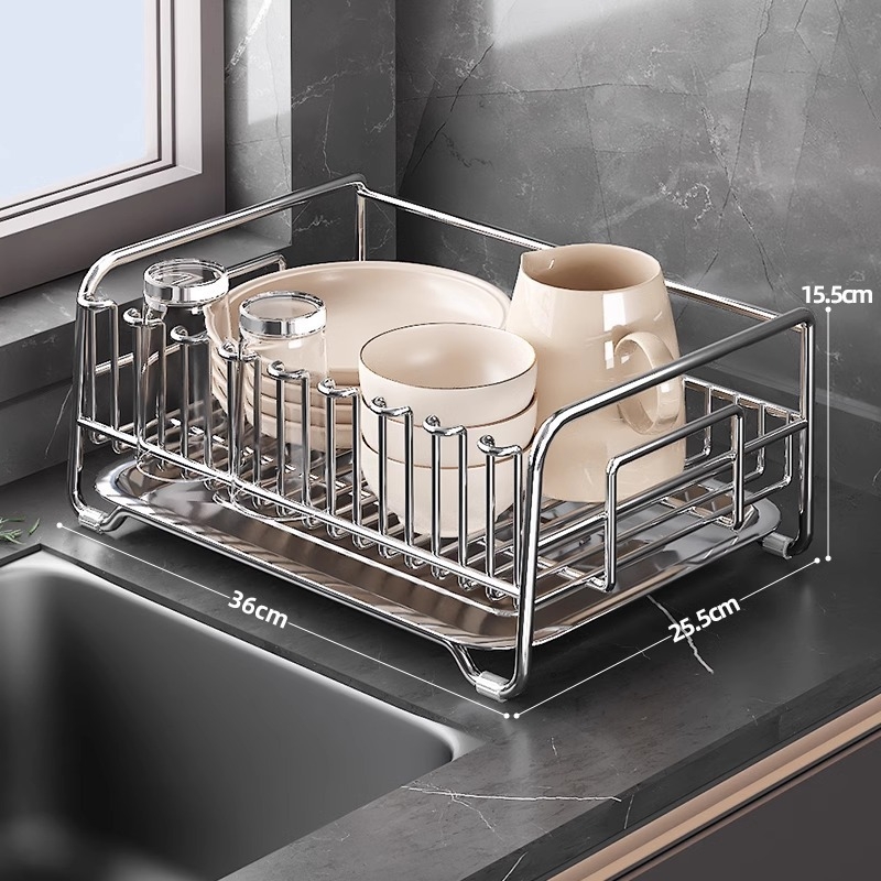 Ράφι πιάτων από ανοξείδωτο χάλυβα 304 με ενσωματωμένο κάδο αποστράγγισης, πολυλειτουργικός οργανωτής κουζίνας για μπολ και πιάτα (χωρίς εγκατάσταση)