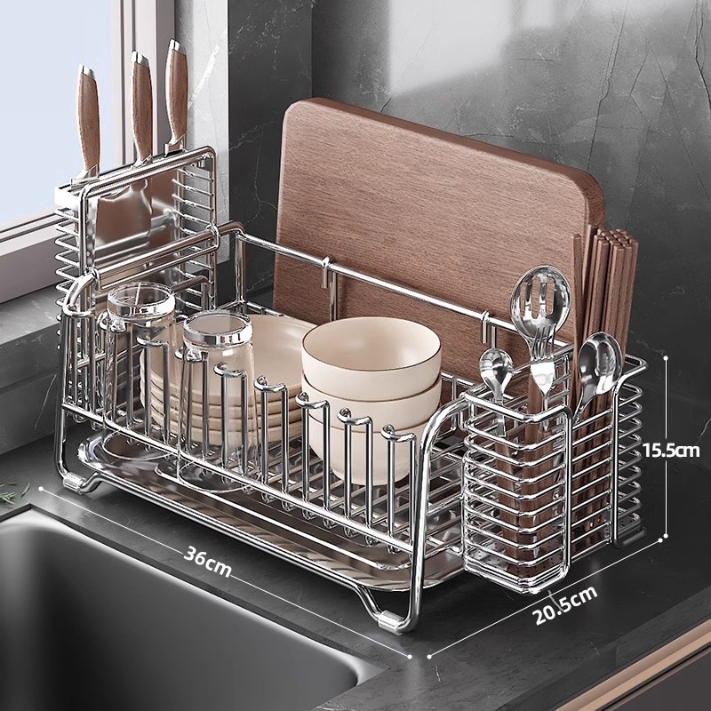 Ράφι πιάτων από ανοξείδωτο χάλυβα 304 με ενσωματωμένο κάδο αποστράγγισης, πολυλειτουργικός οργανωτής κουζίνας για μπολ και πιάτα (χωρίς εγκατάσταση)