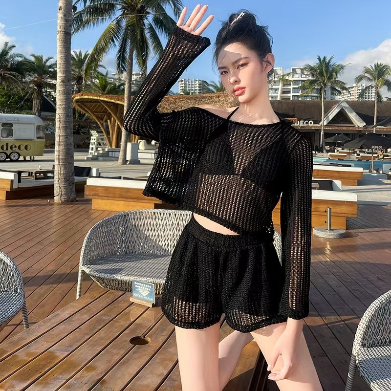 Ženski trodjelni kupaći kostim Suge's Love: bikini donji dio, gornji dio s dugim rukavima i čipkom