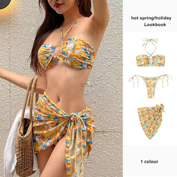 Ženski trodjelni bikini set s cvjetnim uzorkom, bez rukava, umetkom za prsa, poliester tkanina, podstava 100%, za plivanje