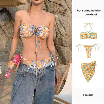 Ženski trodjelni bikini set s cvjetnim uzorkom, bez rukava, umetkom za prsa, poliester tkanina, podstava 100%, za plivanje