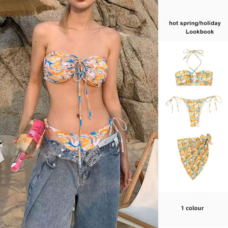 Ženski trodjelni bikini set s cvjetnim uzorkom, bez rukava, umetkom za prsa, poliester tkanina, podstava 100%, za plivanje