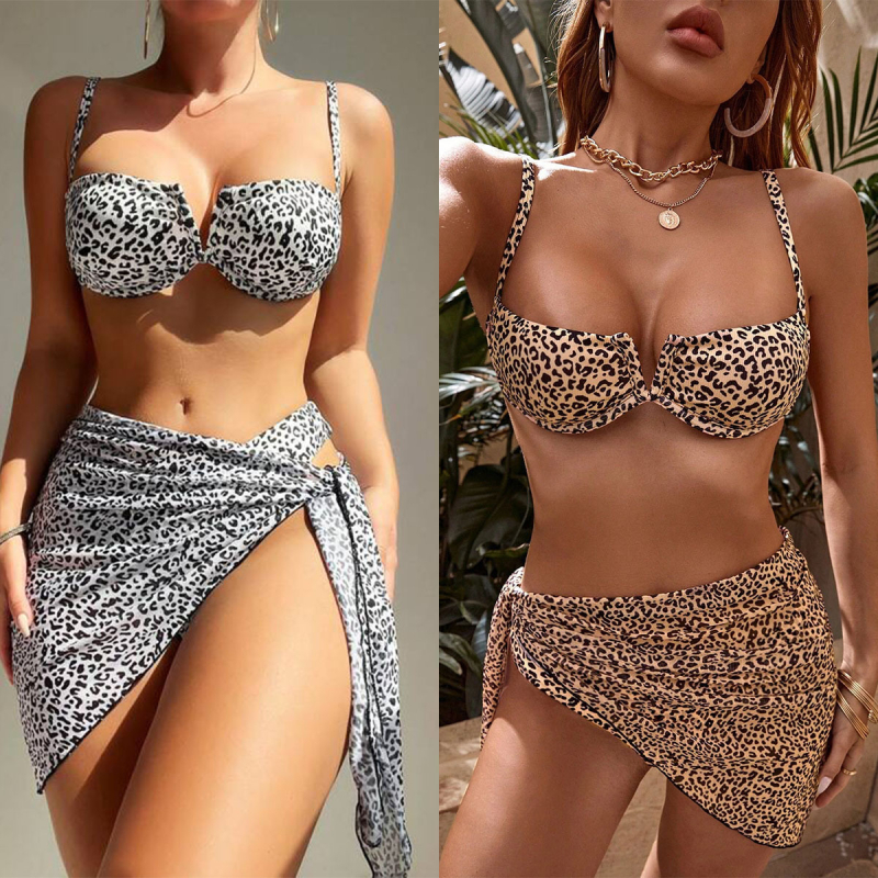 Trodijelni bikini set s leopardnim uzorkom, s podstavljene košarice, split dizajn, brzo sušeći poliester
